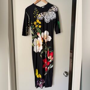 Alice and Olivia Black Floral Butterfly Midi Dress